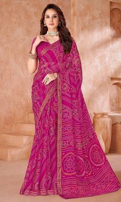 pink chiffon bandhani geometric printed saree with blouse  1