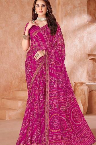 pink chiffon bandhani geometric printed saree with blouse 