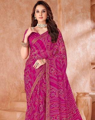 pink chiffon bandhani geometric printed saree with blouse  2