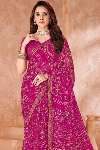 pink chiffon bandhani geometric printed saree with blouse 