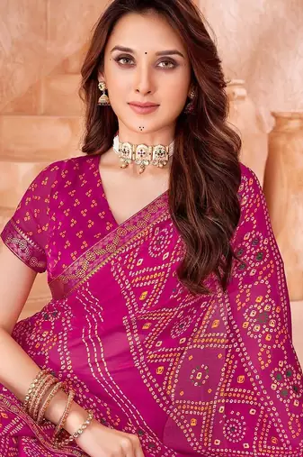 pink chiffon bandhani geometric printed saree with blouse 