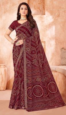 wine chiffon bandhani geometric printed saree with blouse  1