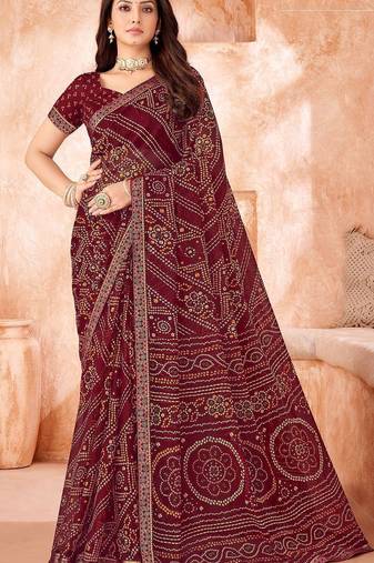 wine chiffon bandhani geometric printed saree with blouse 