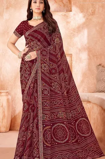 wine chiffon bandhani geometric printed saree with blouse 