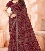 wine chiffon bandhani geometric printed saree with blouse 