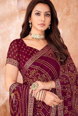 wine chiffon bandhani geometric printed saree with blouse  2