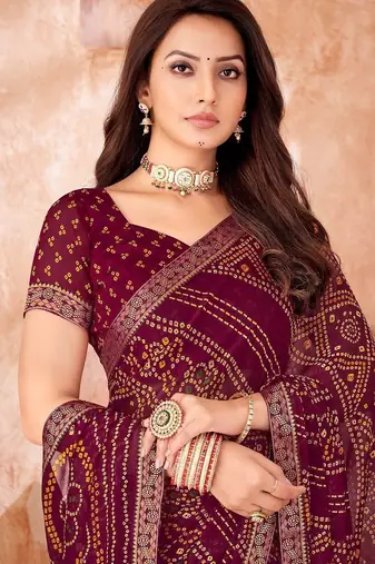 wine chiffon bandhani geometric printed saree with blouse 
