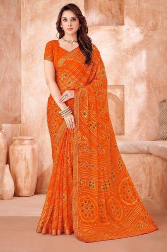 orange chiffon bandhani geometric printed saree with blouse 