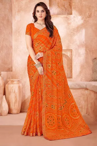 orange chiffon bandhani geometric printed saree with blouse 