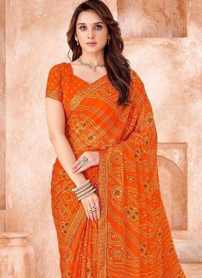 orange chiffon bandhani geometric printed saree with blouse  2