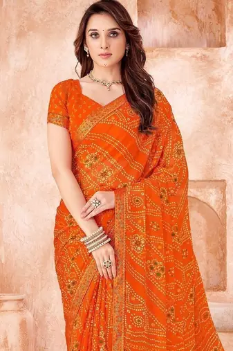 orange chiffon bandhani geometric printed saree with blouse 