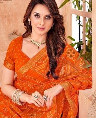 orange chiffon bandhani geometric printed saree with blouse  3