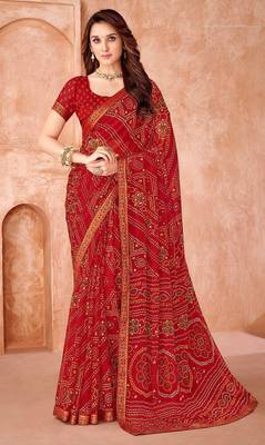 red chiffon bandhani geometric printed saree with blouse  1