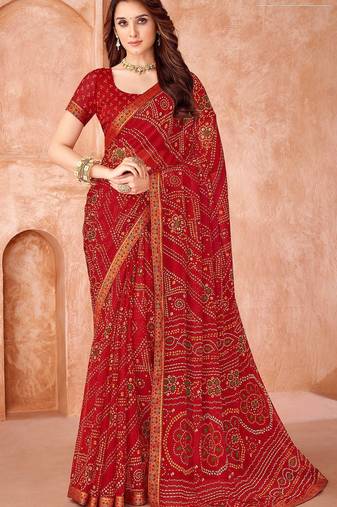 red chiffon bandhani geometric printed saree with blouse 