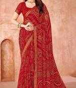 red chiffon bandhani geometric printed saree with blouse 