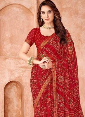 red chiffon bandhani geometric printed saree with blouse  2