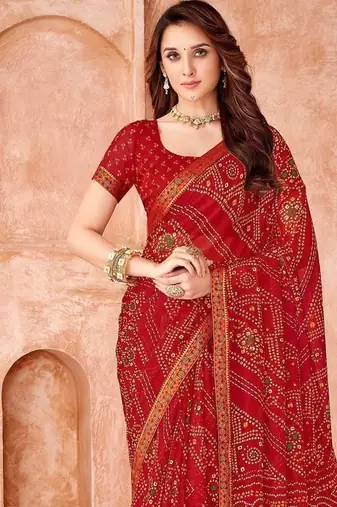 red chiffon bandhani geometric printed saree with blouse 