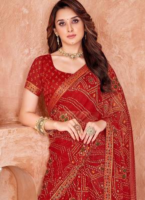 red chiffon bandhani geometric printed saree with blouse  3