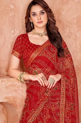 red chiffon bandhani geometric printed saree with blouse 
