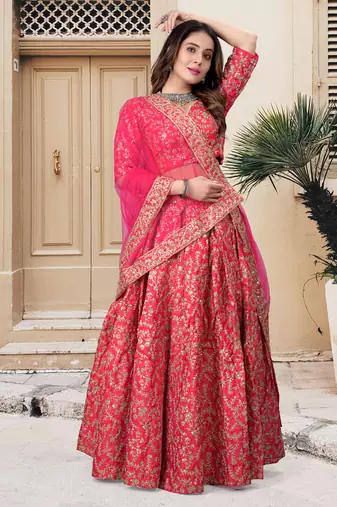 Pink sequins embroidered silk semi stitched lehenga choli