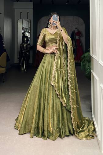 green Fendi Silk Sequins Thread Embroidered Belt Lehenga Choli