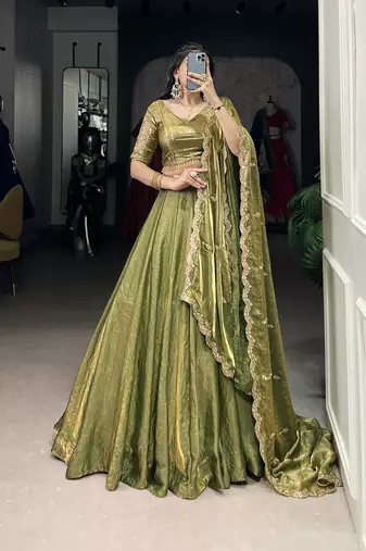 green Fendi Silk Sequins Thread Embroidered Belt Lehenga Choli