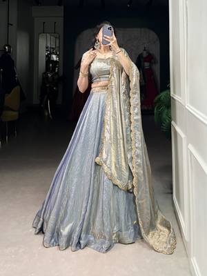 sky blue Fendi Silk Sequins Thread Embroidered Belt Lehenga Choli 1