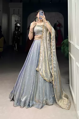 sky blue Fendi Silk Sequins Thread Embroidered Belt Lehenga Choli