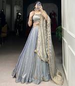 sky blue Fendi Silk Sequins Thread Embroidered Belt Lehenga Choli