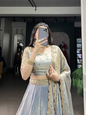 sky blue Fendi Silk Sequins Thread Embroidered Belt Lehenga Choli 3