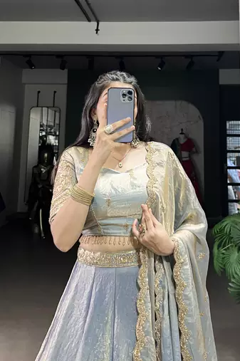 sky blue Fendi Silk Sequins Thread Embroidered Belt Lehenga Choli