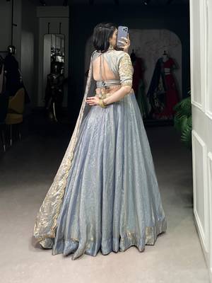 sky blue Fendi Silk Sequins Thread Embroidered Belt Lehenga Choli 4