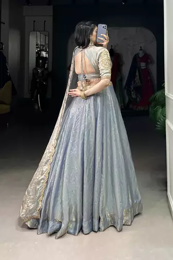 sky blue Fendi Silk Sequins Thread Embroidered Belt Lehenga Choli