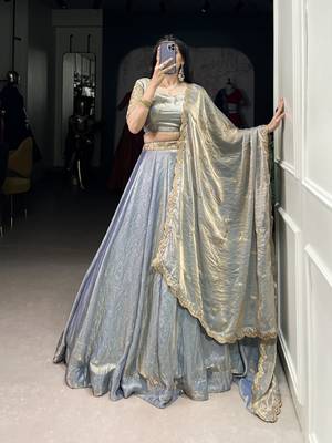 sky blue Fendi Silk Sequins Thread Embroidered Belt Lehenga Choli 5