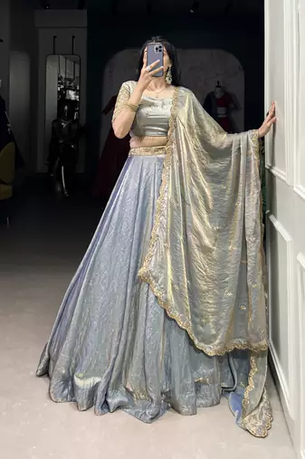 sky blue Fendi Silk Sequins Thread Embroidered Belt Lehenga Choli