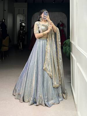 sky blue Fendi Silk Sequins Thread Embroidered Belt Lehenga Choli 6