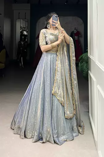 sky blue Fendi Silk Sequins Thread Embroidered Belt Lehenga Choli