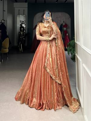 orange Fendi Silk Sequins Thread Embroidered Belt Lehenga Choli 1