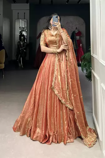 orange Fendi Silk Sequins Thread Embroidered Belt Lehenga Choli