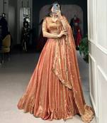 orange Fendi Silk Sequins Thread Embroidered Belt Lehenga Choli