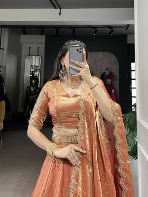 orange Fendi Silk Sequins Thread Embroidered Belt Lehenga Choli 3