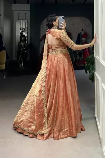 orange Fendi Silk Sequins Thread Embroidered Belt Lehenga Choli