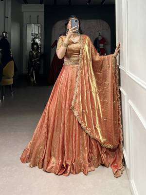 orange Fendi Silk Sequins Thread Embroidered Belt Lehenga Choli 5