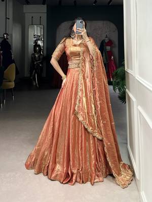 orange Fendi Silk Sequins Thread Embroidered Belt Lehenga Choli 6