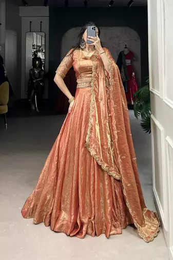 orange Fendi Silk Sequins Thread Embroidered Belt Lehenga Choli