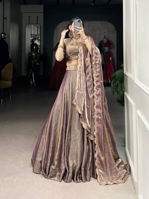lavender Fendi Silk Sequins Thread Embroidered Belt Lehenga Choli 1