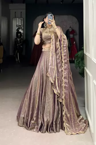 lavender Fendi Silk Sequins Thread Embroidered Belt Lehenga Choli