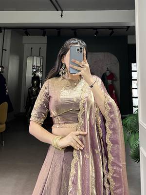 lavender Fendi Silk Sequins Thread Embroidered Belt Lehenga Choli 3