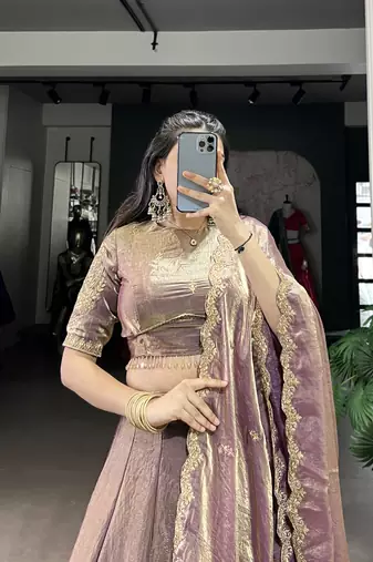 lavender Fendi Silk Sequins Thread Embroidered Belt Lehenga Choli