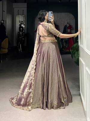 lavender Fendi Silk Sequins Thread Embroidered Belt Lehenga Choli 4